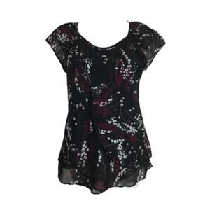 DB Black Chiffon Burgundy Cream Floral Flowing Blouse Top Medium